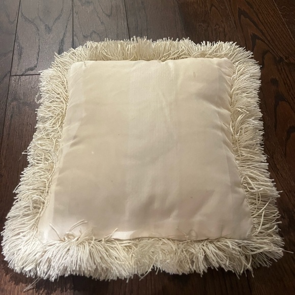 Cream Needlepoint pillow with blue boot and fringes - Picture 2 of 4